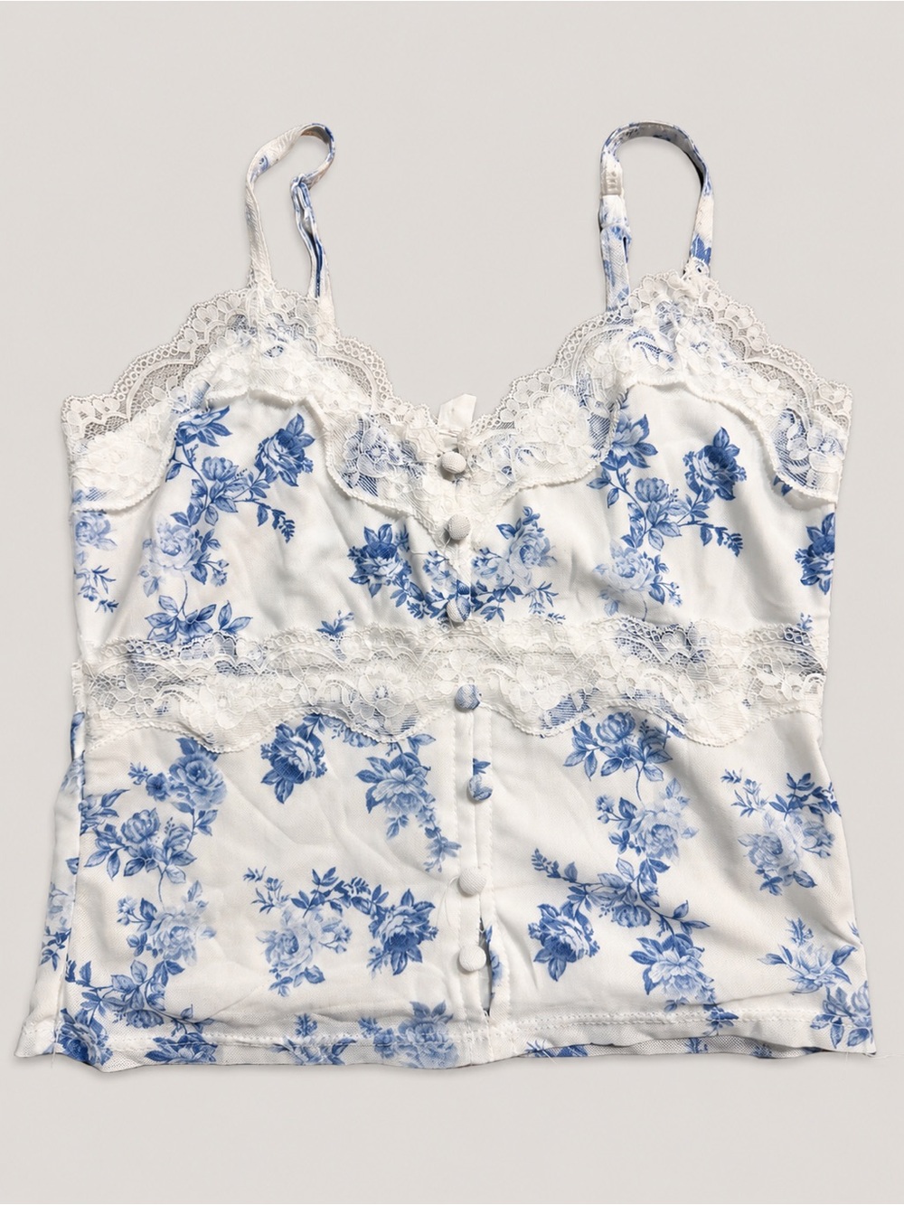 Pink Rose Floral Lace Trim Cami Tank Top White Blue Toile Print Size Small
